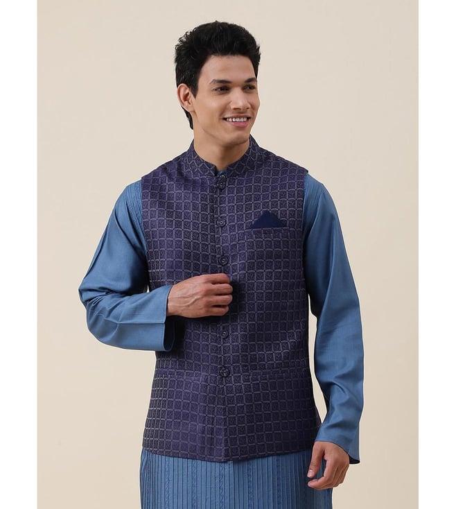 fabindia navy viscose silk woven regular fit nehru jacket