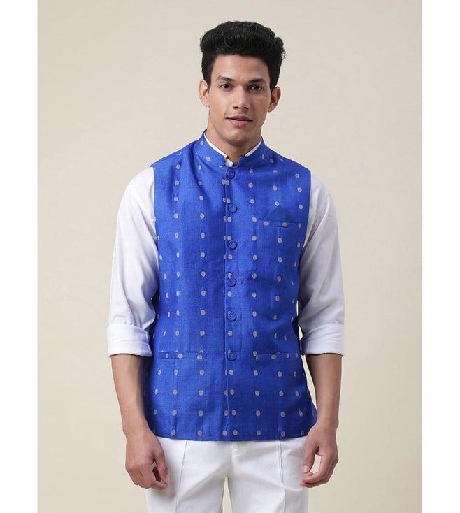 fabindia blue silk blend dobby nehru jacket