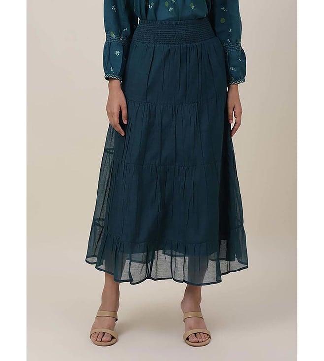 fabindia teal cotton silk calf length skirt midi skirt