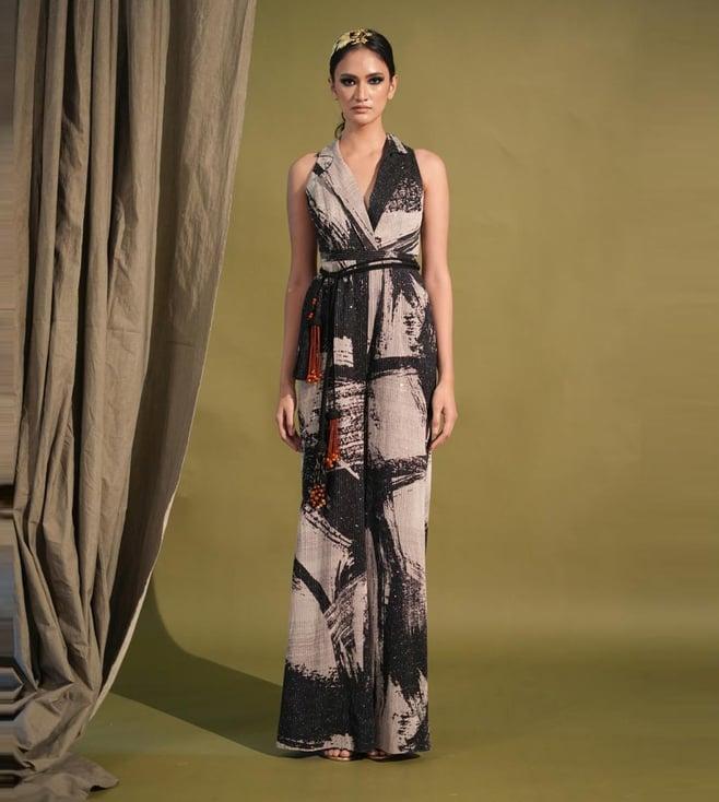 nikita mhaisalkar black & white stroke print jumpsuit saree