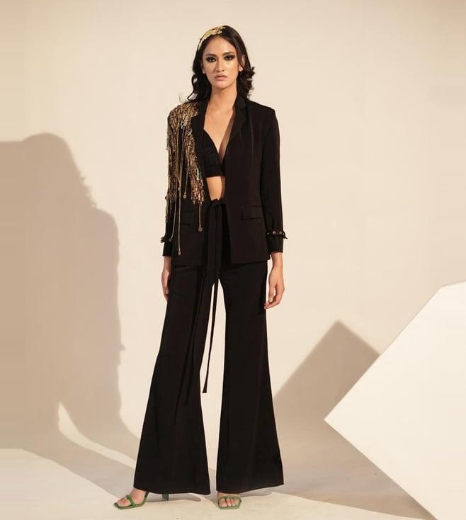 nikita mhaisalkar black jacket with top and pant with metallic gold embellishment