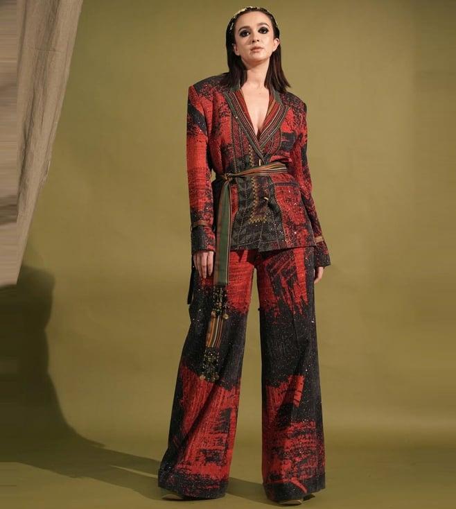 nikita mhaisalkar red & black stroke placement print jacket and pant with belt