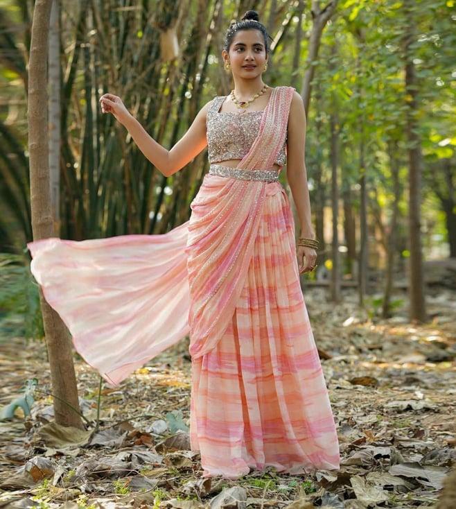 scakhi pink chinon silk sequinned blouse with chinon silk shibori drape saree and sequinned belt