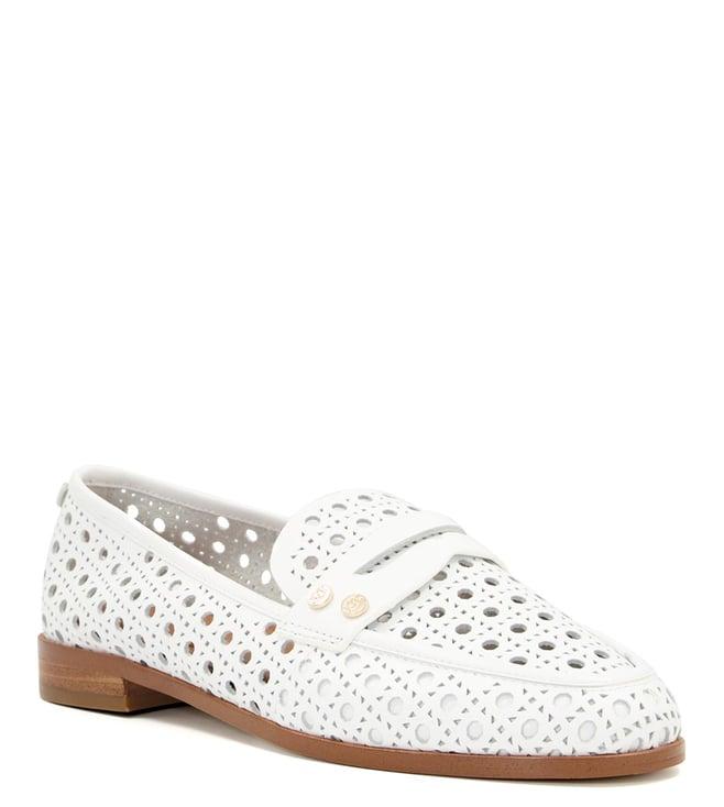 dune london women's glimmered perforated white loafers