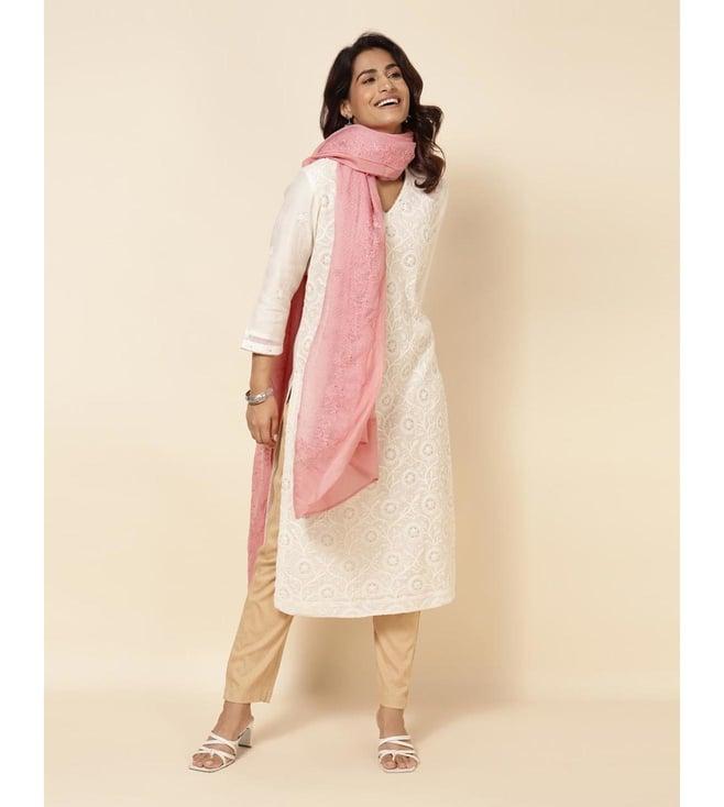 fabindia pink cotton silk embroidered dupatta