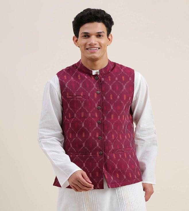 fabindia maroon cotton chinese collar nehru jacket