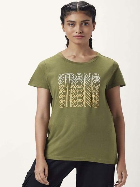 ajile by pantaloons olive green cotton graphic print sports t-shirt