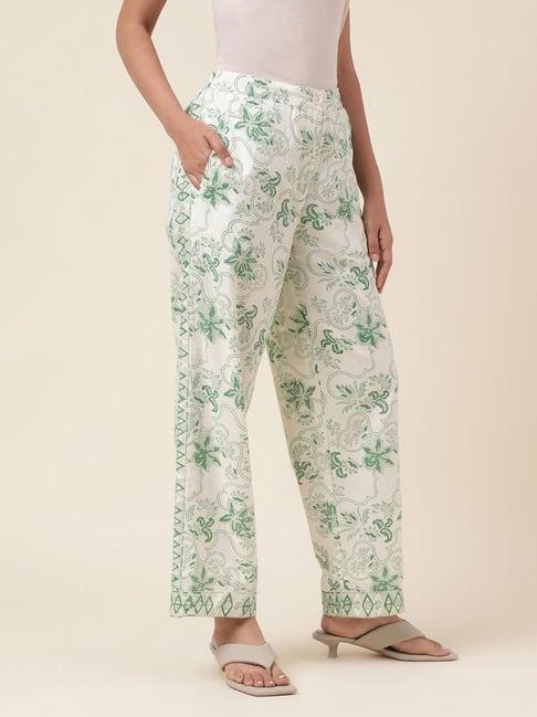 fabindia white & green cotton printed pants