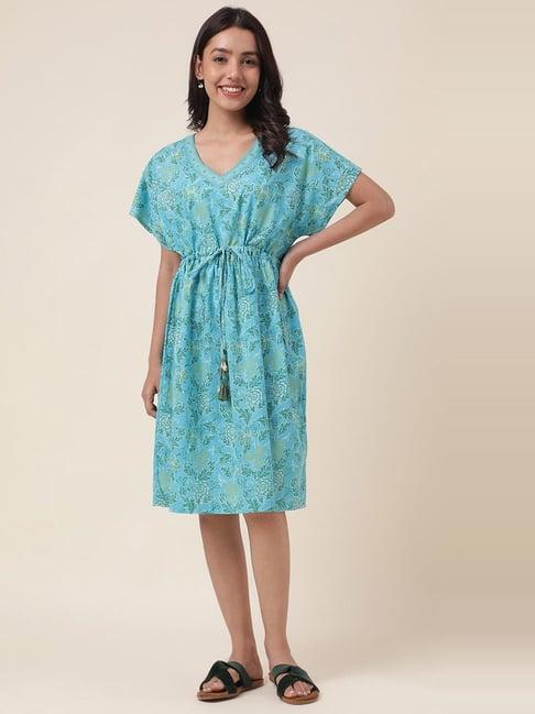 fabindia aqua blue cotton floral print a-line dress