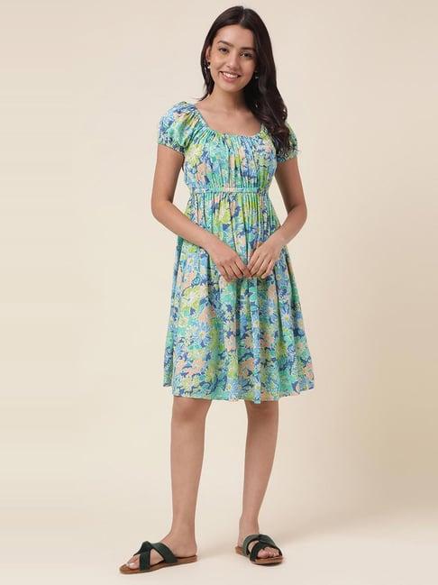 fabindia blue floral print a-line dress