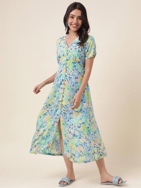 fabindia blue floral print a-line dress