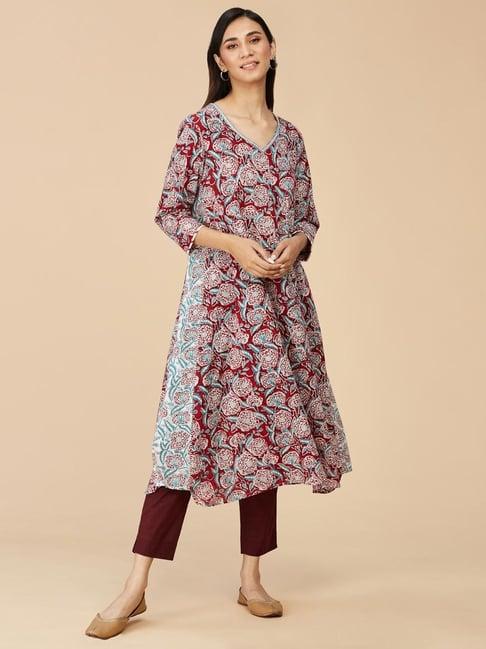 fabindia red cotton floral print a line kurta