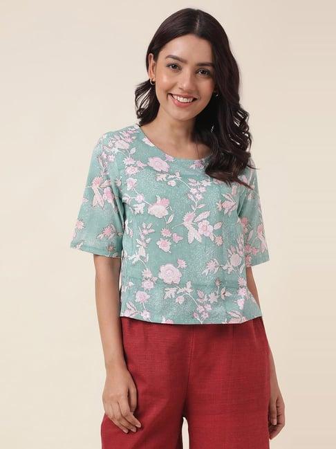 fabindia green cotton floral print top