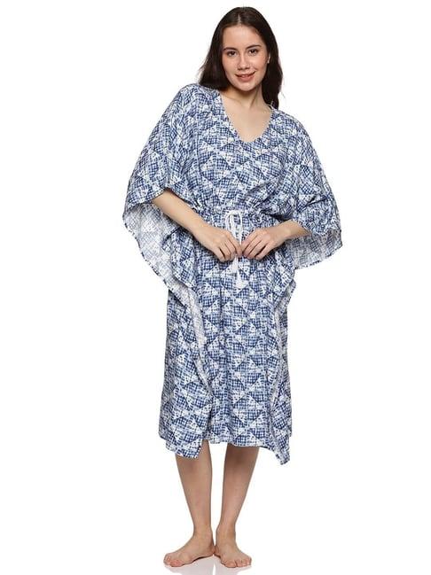 don vino blue & white cotton printed kaftan night dress