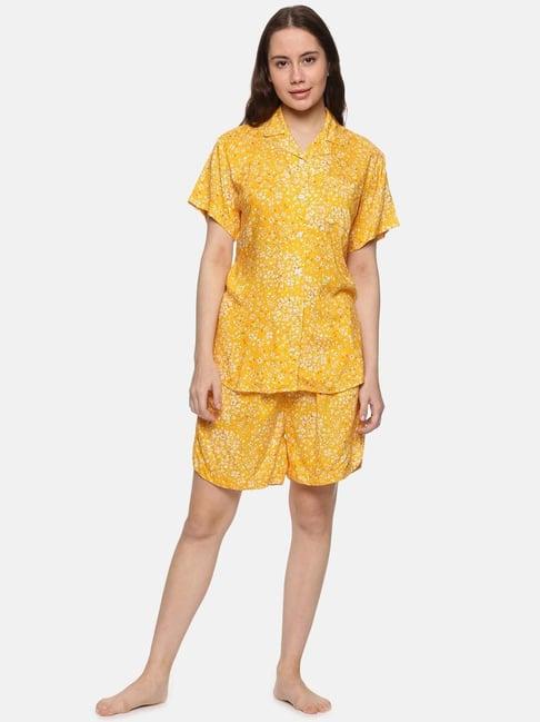 don vino yellow cotton floral print shirt with shorts