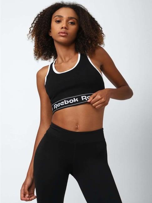 reebok black cotton graphic print sports bra