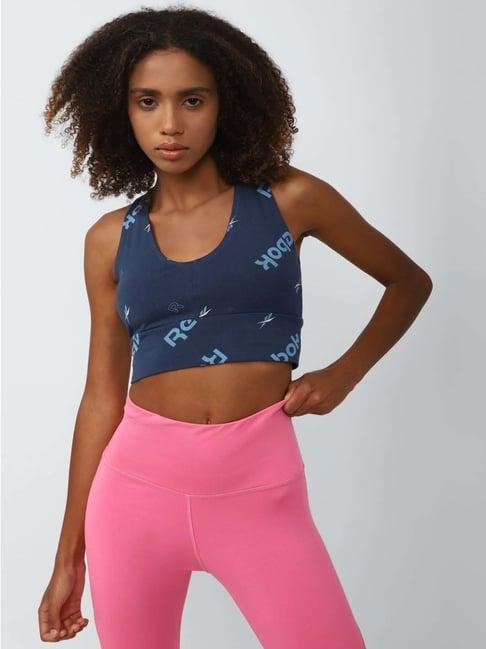 reebok navy cotton printed sports bra