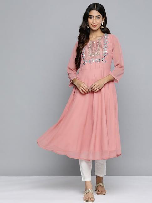 jompers pink embroidered flared kurta