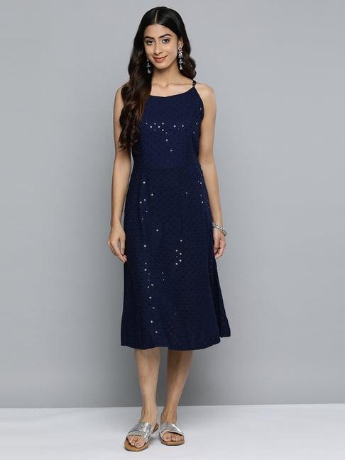 jompers navy embroidered a-line dress