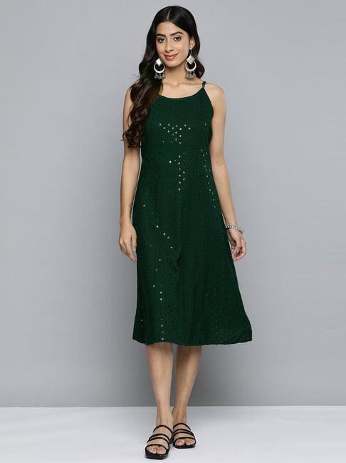 jompers green embroidered a-line dress