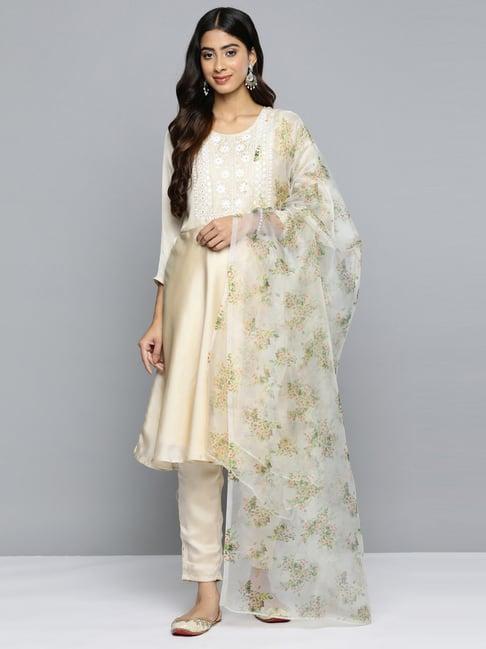 jompers beige embroidered kurta pant set with dupatta