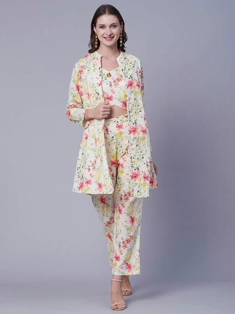 fashor off white cotton floral crop top & pant set with jacket