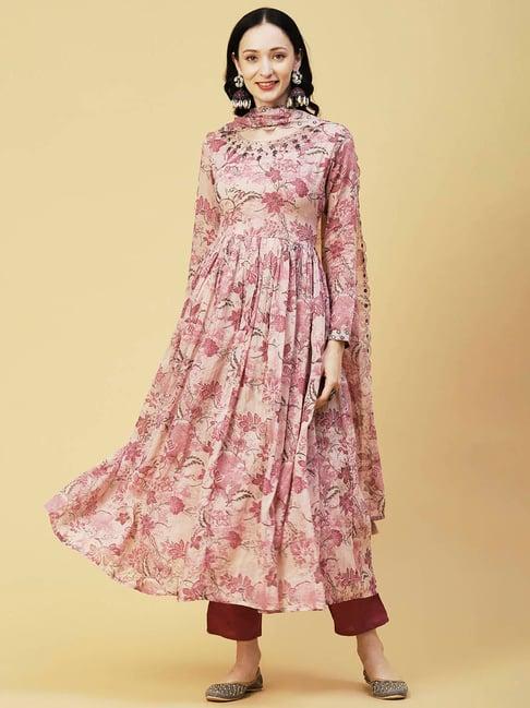 fashor rose pink cotton floral kurta with pants & dupatta