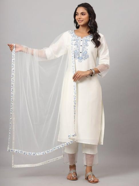 juniper off-white embroidered kurta pant set with dupatta