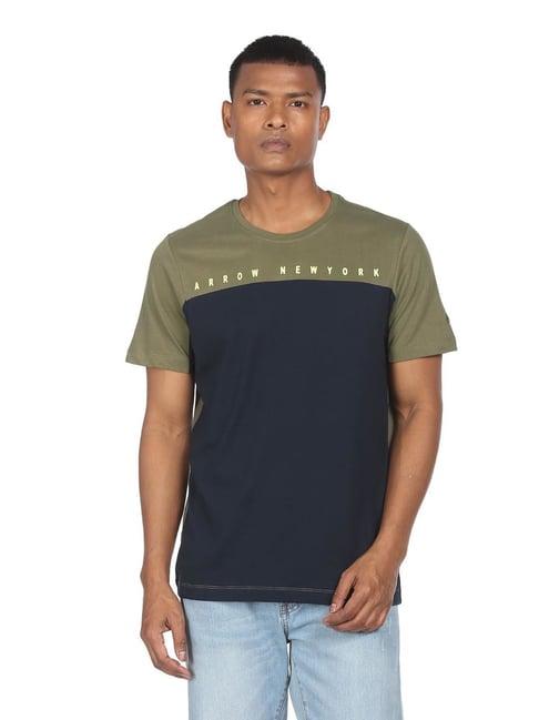 arrow new york green cotton regular fit colour block t-shirt