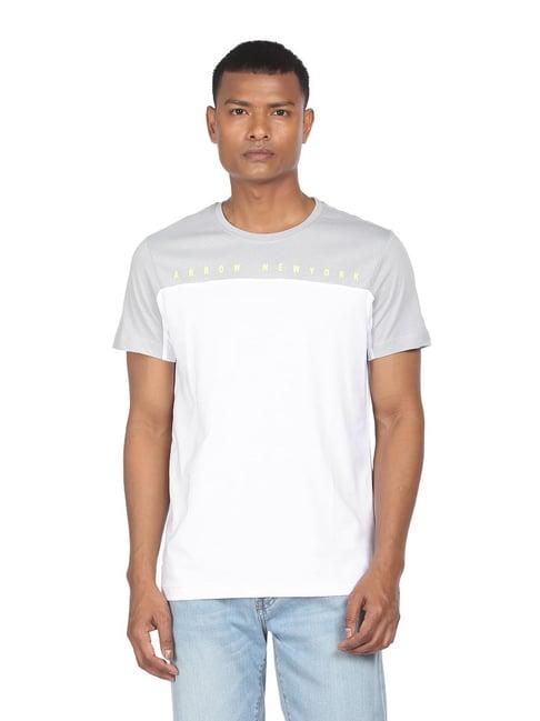 arrow new york grey & white cotton regular fit colour block t-shirt