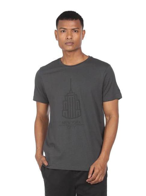 arrow new york dark grey cotton regular fit printed t-shirt