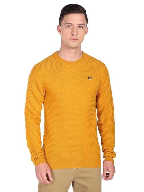 arrow sport yellow regular fit texture sweater