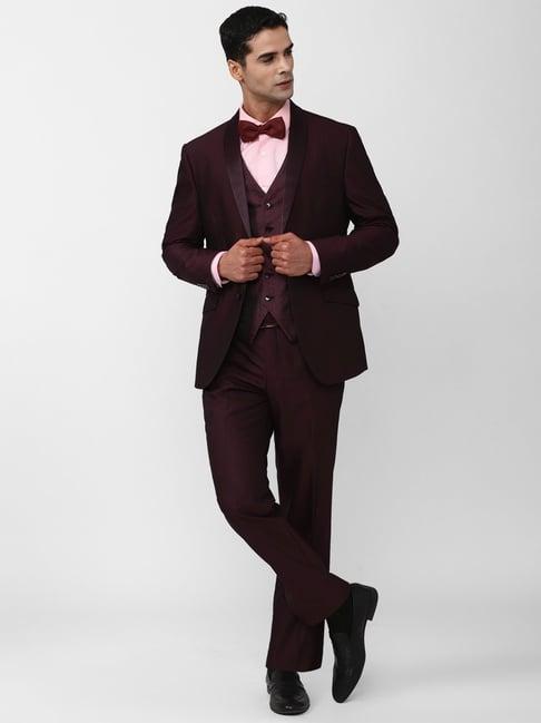 van heusen maroon slim fit self pattern three piece suit