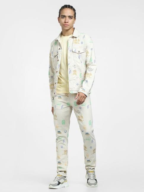 jack & jones ecru regular fit printed denim jacket