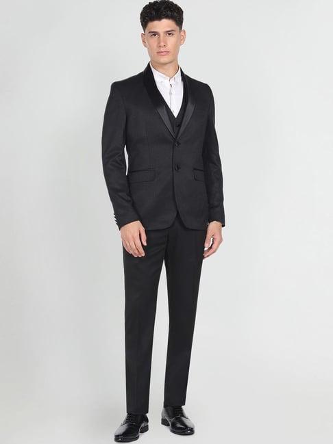 arrow black regular fit self pattern three piece suit