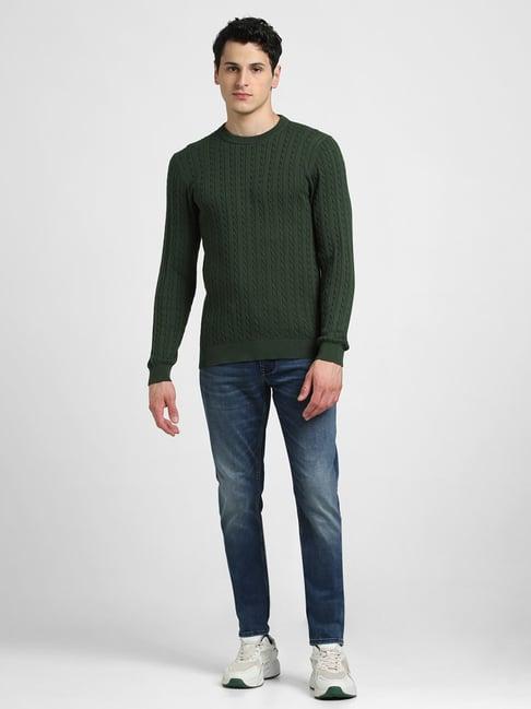 jack & jones green slim fit textured cotton sweater