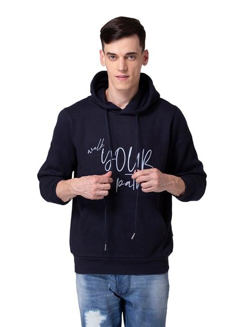 allen cooper navy regular fit printed hooded sweatshirt