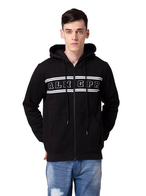 allen cooper black regular fit printed hooded sweatshirt