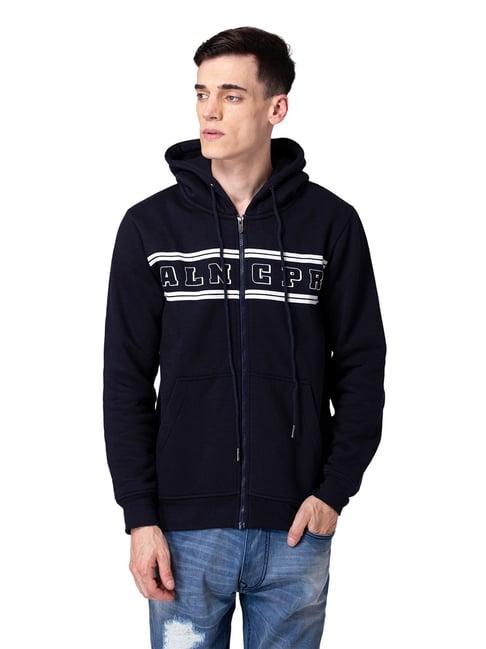 allen cooper navy regular fit printed hooded sweatshirt