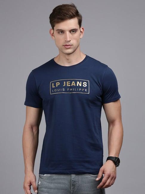 louis philippe jeans navy slim fit graphic print cotton crew t-shirt