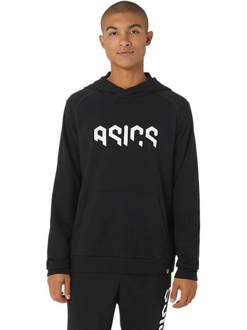 asics performance black regular fit printed hooded sweatshirt