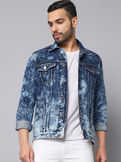 the dry state blue regular fit self pattern denim jacket