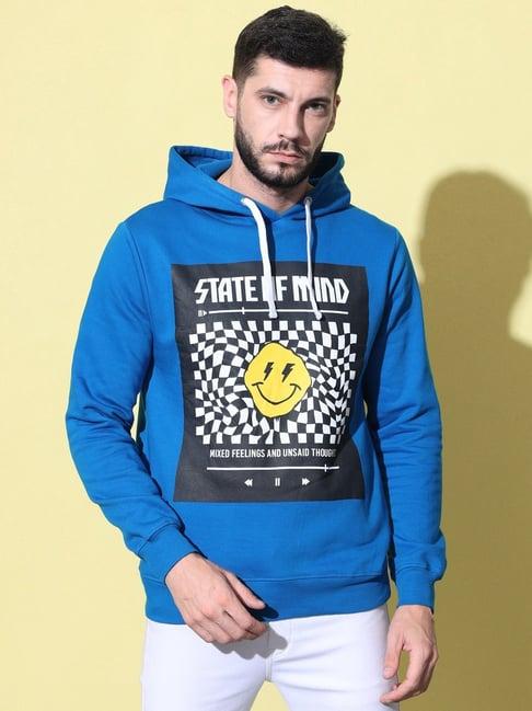 the dry state blue regular fit printed hooded sweatshirt