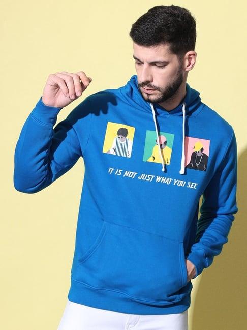 the dry state blue regular fit printed hooded sweatshirt