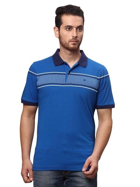 raymond dark blue cotton slim fit printed polo t-shirt