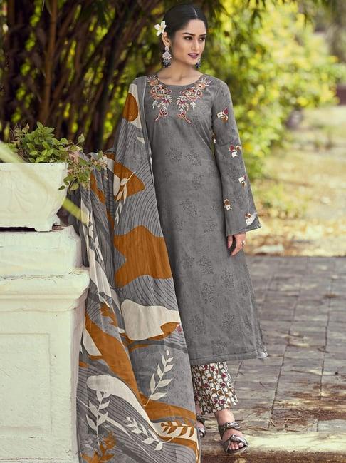 stylee lifestyle grey cotton embroidered unstitched dress material