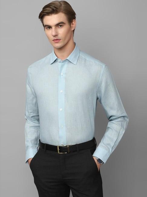 luxure by louis philippe blue linen regular fit shirt