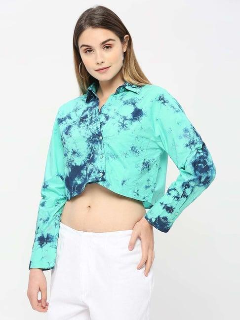 remanika sea green pure cotton tie & dye cropped shirt