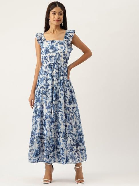 deewa blue & white floral print gown