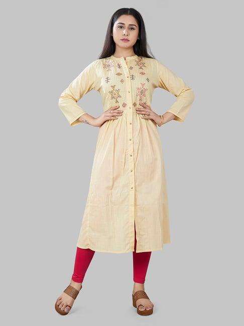 cotton culture light yellow embroidered a line kurta